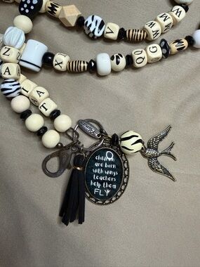 Plunder Beaded Teacher Charm Necklace lanyard with Black Tassel & Bird Pendant